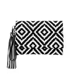 REBECCA MINKOFF  Serra Foldover Clutch in Black & White Fabric Leather Tassel